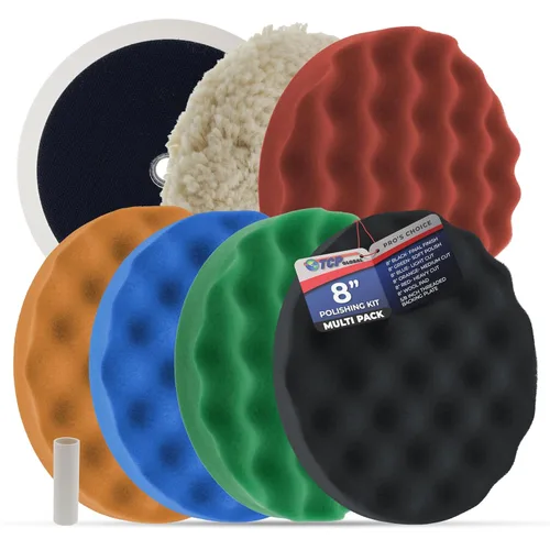 TCP Global Profesional Kit de 6 almohadillas de pulido y pulido con 5 almohadillas de espuma waffle y 1 almohadilla de agarre de lana para limpieza