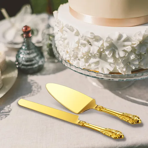 Miniatura 2 de KEAWELL Magnífico juego de cuchillos y servidor para pastel de boda, acero inoxidable 18/10, juego de corte de pastel de lujo fino (dorado)