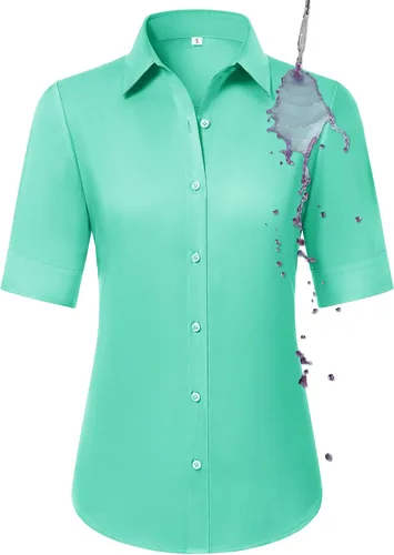 Miniatura 16 de Camisas con botones para mujer, ajustadas, de manga corta, con cuello, sin arrugas
