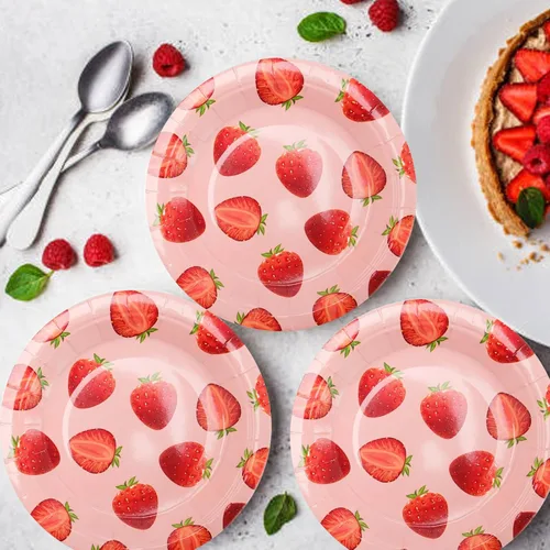 Miniatura 5 de 120 platos de papel de fresa de 7 pulgadas, platos de postre desechables decorativos para fiestas, platos de fiesta de fresas a granel