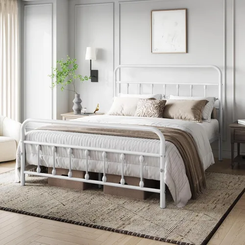 Miniatura 3 de Topeakmart Marco de cama de metal de estilo victoriano tamaño matrimonial con cabecero, base de colchón, no necesita somier, almacenamiento debajo