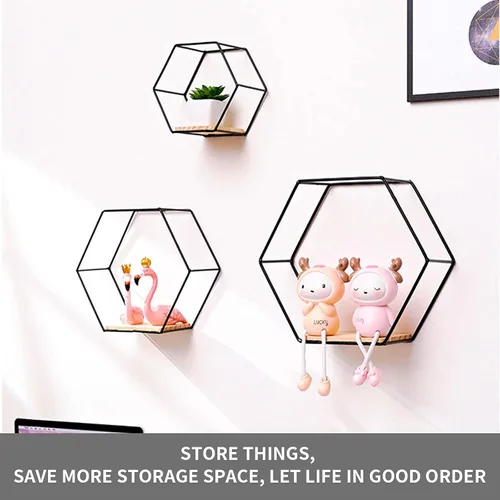 Miniatura 7 de Estantes flotantes hexagonales montados en la pared, juego de 3 en diferentes tamaños, estante de pared de metal moderno, estantes de almacenamiento