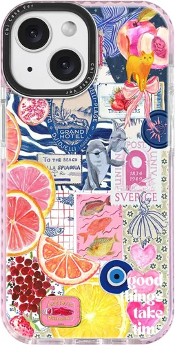 Funda para iPhone 13, expresivo Y2K Citrus Coastal Sea Vintage Collage Diseño Azul Arte Moderno Patrón Estilo Estético, Protección contra Caídas de