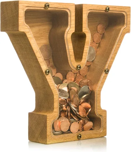Miniatura 30 de Alcancía de madera personalizada con letra para niños, niñas y adultos, bancos de monedas de madera de roble duradero, 3 tamaños para elegir