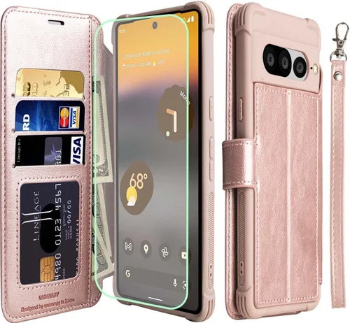 VANAVAGY Funda tipo cartera para Google Pixel 7 Pro con soporte para tarjetas de bloqueo RFID, funda de piel sintética con correa para carga Oro Rosa