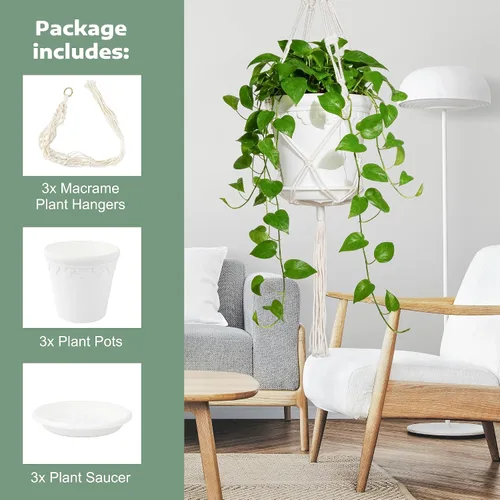 Miniatura 4 de Macetas colgantes con colgadores de macramé, juego de 3 macetas de riego automático, cestas de flores colgantes para plantas de interior y exterior