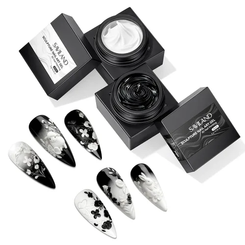 SAVILAND Juego de gel de uñas de escultura 3D: gel de pintura para esculpir 3D cremoso en blanco y negro para moldear arte de uñas en relieve 3D,