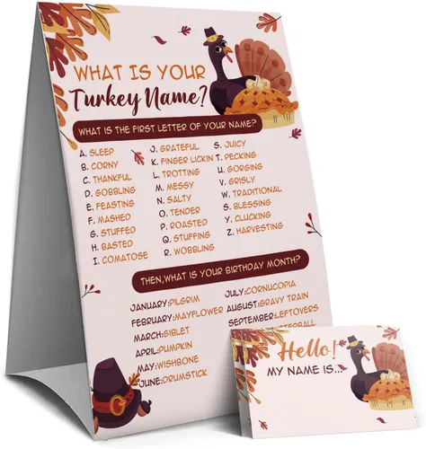 Letrero de juegos de Acción de Gracias - ¿Cuál es tu nombre de pavo, actividades de Acción de Gracias para la familia, juegos de fiesta
