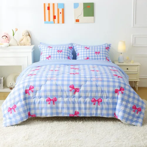 Wajade Juego de edredón de 7 piezas con moño, juego de edredón a cuadros azules para niñas y niños, juego de ropa de cama a cuadros de tamaño