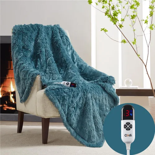 Codi Manta eléctrica de pelo lanudo y peludo, color verde azulado de 50 x 60 pulgadas, manta térmica súper suave para sofá, 6 niveles de calefacción