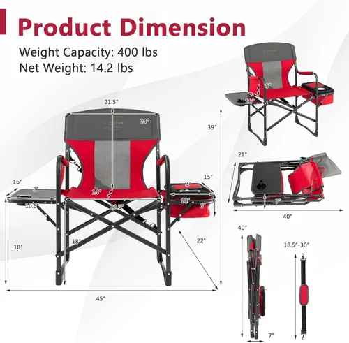 Miniatura 3 de COSTWAY Silla de camping plegable, silla de director de alta resistencia soporta 400 libras para adultos con mesa auxiliar, bolsa refrigeradora, Rojo