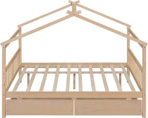 Miniatura 5 de Bellemave Cama de casa de tamaño matrimonial para niños, marco de plataforma Montessori con 2 cajones, cabecera y estribo, almacenamiento de madera