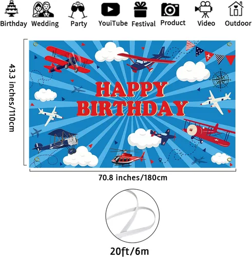 Miniatura 4 de Avezano Telón de fondo de feliz cumpleaños de avión para niños, decoración de fiesta de cumpleaños de avión, pancarta temática de moscas de cielo