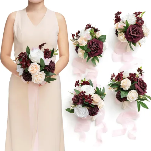 Miniatura 16 de Ling's moment Flores Artificiales Ramo de Damas de Honor Naranja Quemado Juego de 4, Ramos de Flores de Boda para Damas de Honor, Ramos Nupciales