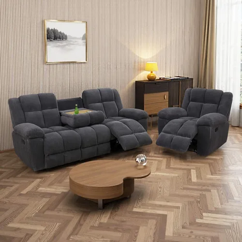 Miniatura 13 de Juego de sofá reclinable para muebles de sala de estar, juego de sofá y silla reclinable de pana verde, tela manual, sofá reclinable de 3 plazas