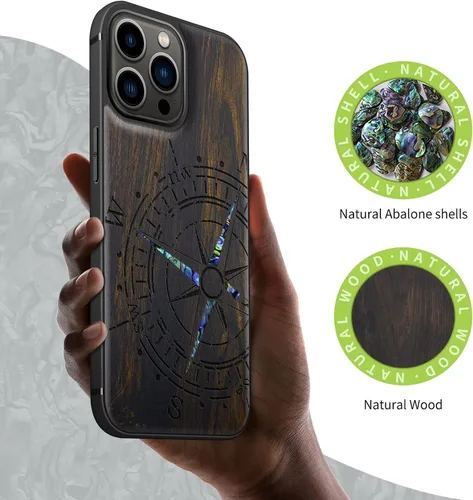 Miniatura 2 de Carveit Funda protectora de madera de diseñador para iPhone 13 Pro Max, cubierta magnética, grabado en madera e incrustaciones de concha, funda