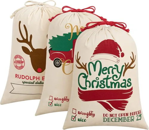 Miniatura 12 de HBlife Saco de lona de Papá Noel, bolsas grandes de Papá Noel de 19.7 x 27.6 pulgadas para regalos, sacos de Navidad personalizados para regalos