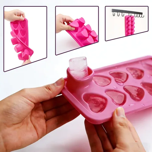 Miniatura 2 de Molde de silicona para cubitos de hielo en forma de corazón, paquete de 2, color rosa Sin BPA, apto para lavavajillas, fácil de liberar