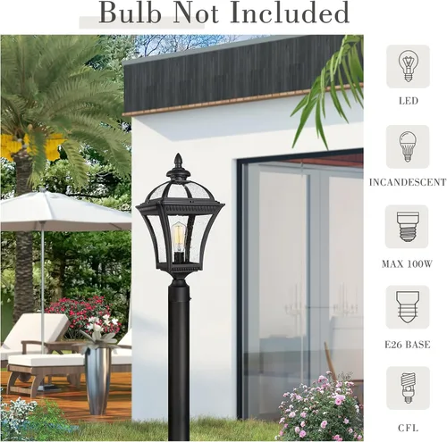 Miniatura 4 de Emliviar Luz de poste para exteriores de 22 pulgadas, luz de poste vintage de granja para el jardín, aluminio con vidrio semillado, acabado negro