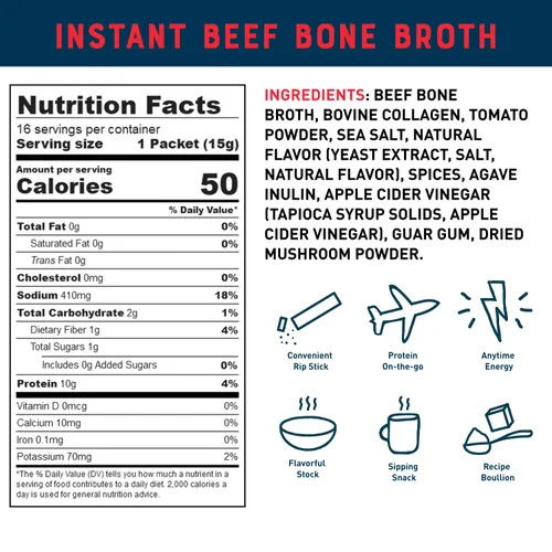 Miniatura 2 de Mezcla instantánea Bare Bones de caldo de huesos, de huesos, de res, 10gr de proteína, apto para dieta Keto y Paleo, sobres en barras de 0.53 oz