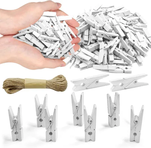 Miniatura 15 de Mini Pinzas de Ropa de 1.35 Pulgadas para Fotos, 100 Piezas con 32 Pies de Cordel de Yute, Mini Pinzas de Ropa para Manualidades, Pequeñas Pinzas