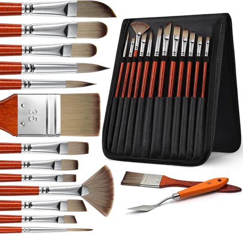 Miniatura 7 de 14 piezas de pinceles de pintura acrílica, juego de pinceles de pintura profesional con cerdas sintéticas y cuchillo de paleta extra - Pinceles