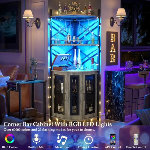 Miniatura 3 de Aheaplus Armario de barra de esquina con toma de corriente, gabinete industrial para vino con tira LED y soporte para vidrio, gabinete de licor de 5