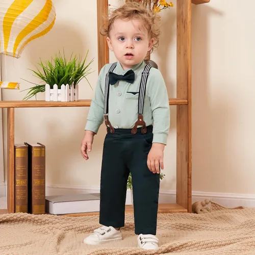 Miniatura 3 de SOLOYEE Ropa para bebé niño trajes de caballero para bebés, vestido de manga larga, pantalones con tirantes, corbatín, boina, sombrero de boina