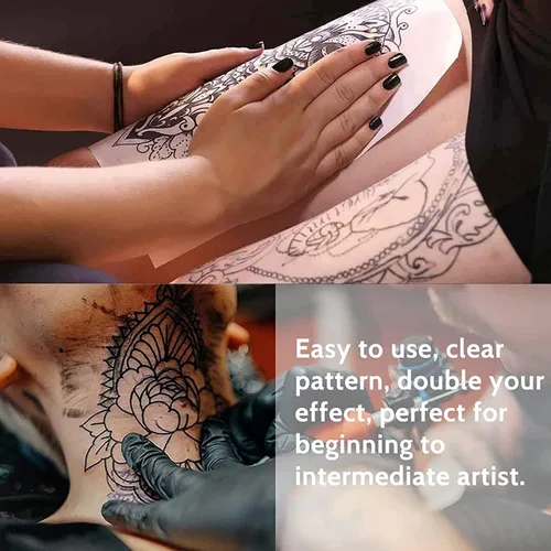 Miniatura 6 de Papel de transferencia con pieles de práctica de tatuajes – 20 piezas de piel falsa y plantilla de papel, incluye 10 piezas de tatuaje en blanco