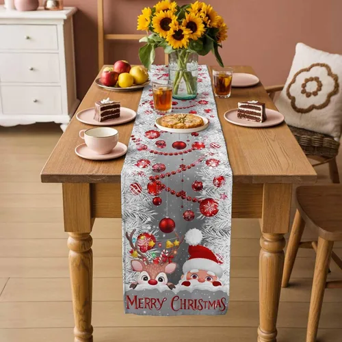 Miniatura 3 de Camino de mesa de Navidad con alce de Papá Noel gris de 120 pulgadas de largo, bufandas de vestir de granja, bolas de Navidad rojas, copo de nieve