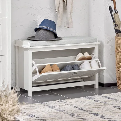 Miniatura 3 de Haotian Banco de almacenamiento de zapatos, para entrada, zapatero para pasillo, zapatero pequeño con cajón abatible y cojín de asiento, blanco