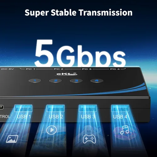 Miniatura 6 de eKL interruptor USB 3.0 para compartir periféricos entre 4 computadoras, interruptor USB de 4 puertos para compartir ratón, teclado, escáner