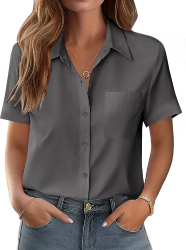 Miniatura 13 de Zeagoo Blusa de manga corta con botones para mujer, con bolsillo en el busto, para negocios, casual, para el trabajo, trajes de verano