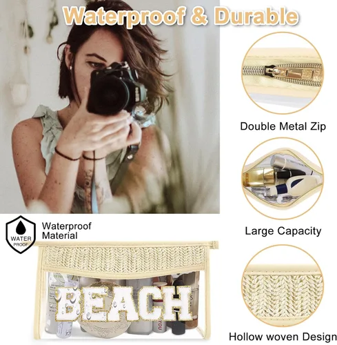 Miniatura 3 de Iqimott 2 bolsas de maquillaje con parches transparentes, bolsa de letras boho para nadar en la playa, bolsas de maquillaje impermeables
