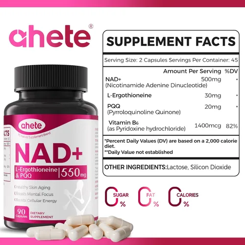 Miniatura 2 de Suplemento NAD con L-ergotioneína, PQQ, vitamina B6 y suplemento NMNH - para salud celular, apoyo energético y envejecimiento saludable para mujeres