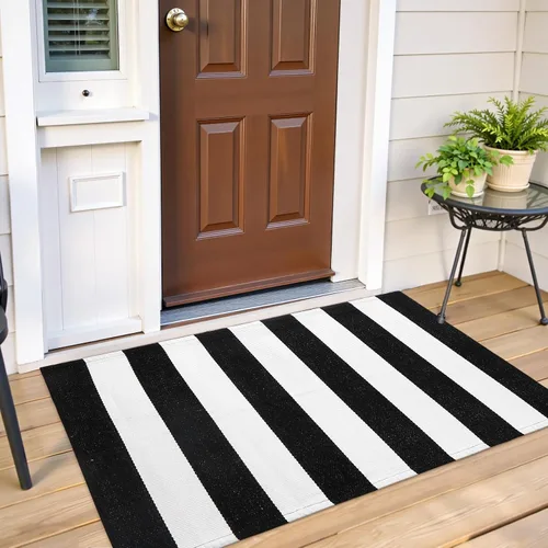 Miniatura 16 de Alfombra de lana cuadriculada para exteriores de 24 x 35 pulgadas, alfombra de algodón tejida a mano, plegable, lavable, reversible, en capas
