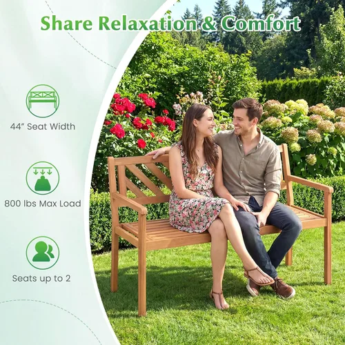 Miniatura 9 de Tangkula Banco de dos plazas de madera de acacia para exteriores, banco de jardín para 2 personas con reposabrazos y respaldo, muebles de madera