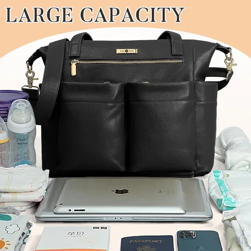 Miniatura 7 de Miss Fong Bolso de cuero para pañales con almohadilla para cambiar, correas, talla única , Negro