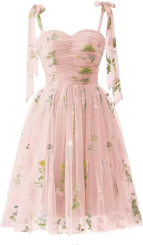 Miniatura 14 de Fivsole Vestido corto con bordado de flores para adolescentes, vestido de tul con tirantes delgados, mini formal, cóctel, fiesta de noche, vestidos