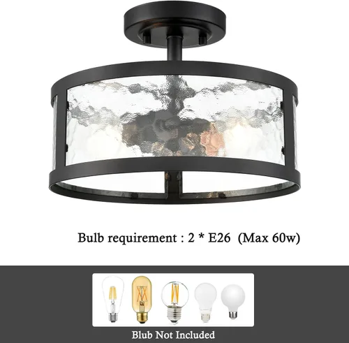 Miniatura 4 de Lámpara de techo semiempotrada de estilo casa de campo, accesorios de luz negra, 2 luces con vidrio martillado para dormitorio, cocina, baño, entrada