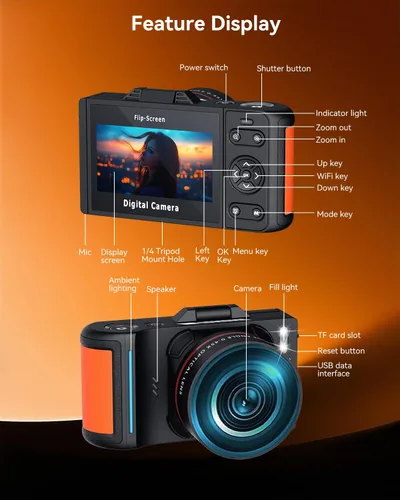 Miniatura 8 de Cámara digital 6K 96MP Vlogging Cámara para YouTube con pantalla abatible de 3 pulgadas 180° WiFi enfoque automático 18X zoom 32GB tarjeta portátil