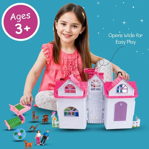 Miniatura 4 de Liberty Imports Mi Hermosa Casa de Muñecas Fold and Go Pretend Play Mini Casa de Muñecas Plegable con Juego de Bolsillo, Figuras de Familia