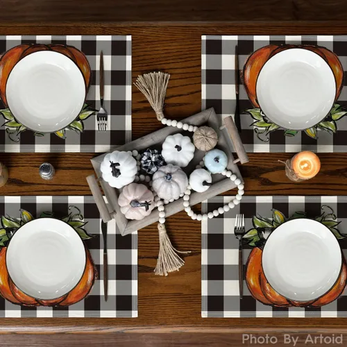 Miniatura 3 de Artoid Mode Juego de 4 manteles individuales de otoño con diseño de calabaza a cuadros de búfalo de 12 x 18 pulgadas para decoración de fiestas