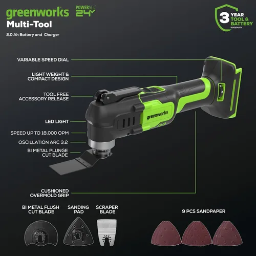 Miniatura 2 de Greenworks 24V - Multiherramienta inalámbrica, herramienta oscilante para cortar/clavar/raspar/lijar con control de 6 velocidades variables, batería