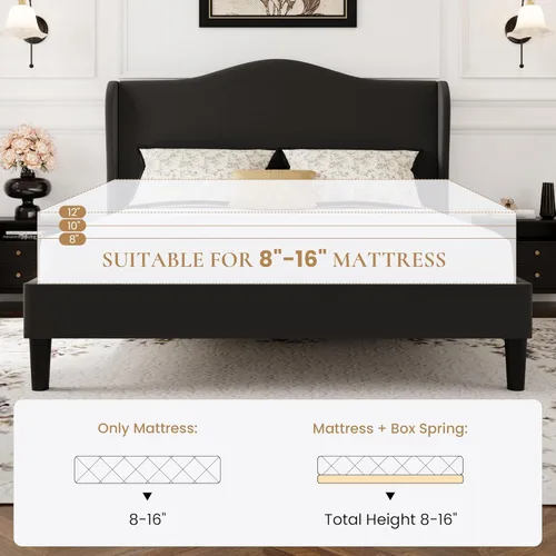 Miniatura 8 de SHA CERLIN Marco de cama de plataforma de terciopelo de tamaño completo con elegante cabecero con respaldo alado, diseño moderno y lujoso, listones