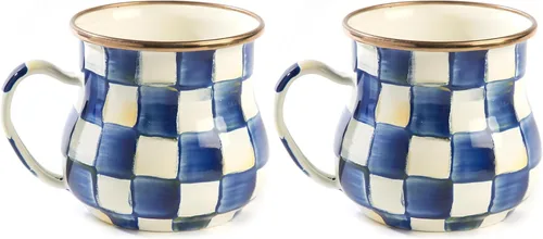 Miniatura 15 de MACKENZIE-CHILDS Taza de esmalte, linda taza de café y té de esmalte, vajilla única, 16 onzas, cuadro de corte negro y blanco, juego de 4
