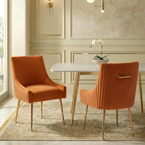 Miniatura 32 de Juego de 2 sillas de comedor, modernas sillas tapizadas para cocina, comedor con patas doradas, sillas de tela de terciopelo copetudo para sala