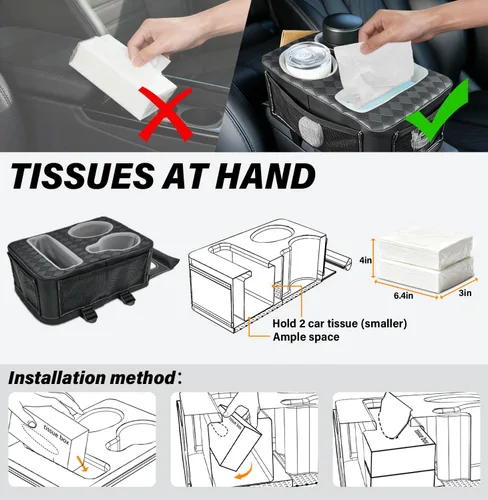 Miniatura 5 de Portavasos de Consola Central, Caja de Almacenamiento Universal para Reposabrazos de Automóvil con Portabotellas y Ranura para Pañuelos y Bolsillos
