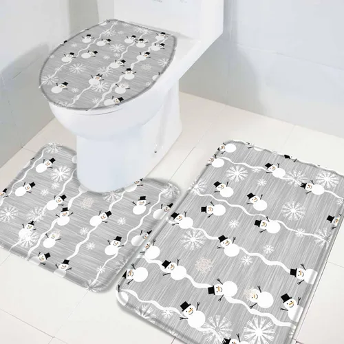 Miniatura 4 de Juego de 3 alfombras de baño de Feliz Navidad, diseño de muñeco de nieve, copo de nieve, gris nieve, absorbente, antideslizante, tapete
