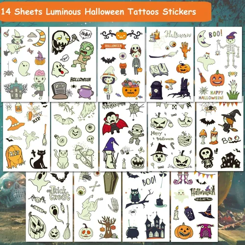Miniatura 2 de CHARLENT Tatuajes temporales luminosos de Halloween para suministros de fiesta de niños, 120 estilos que brillan en la oscuridad de Halloween